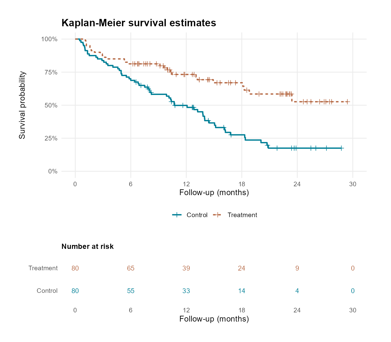 Kaplan–Meier 生存曲线预览：两组生存曲线及风险人数表